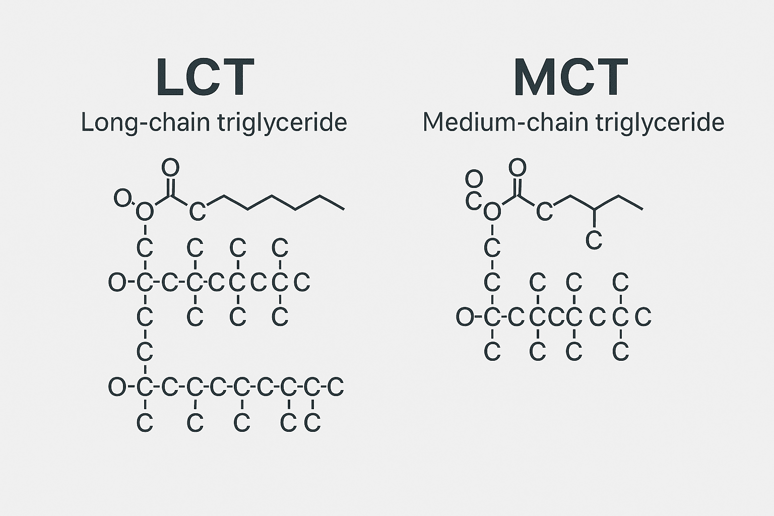 Infographic comparing long-chain triglyceride (LCT) and medium-chain triglyceride (MCT) structures.