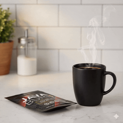 Steaming coffee cup with packaging