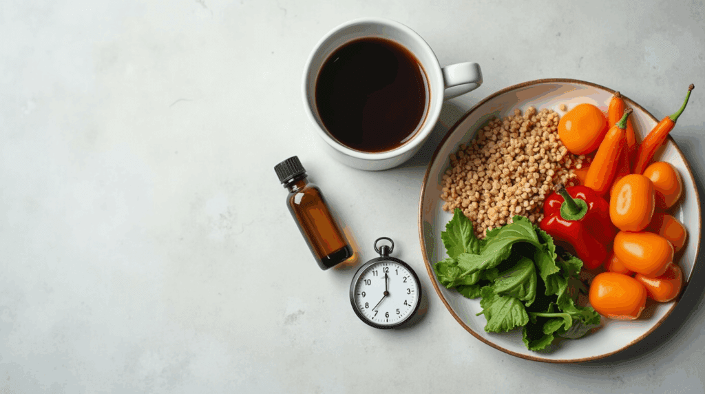 Flat lay with coffee mug, small MCT oil bottle, stopwatch, and a plate of whole foods.