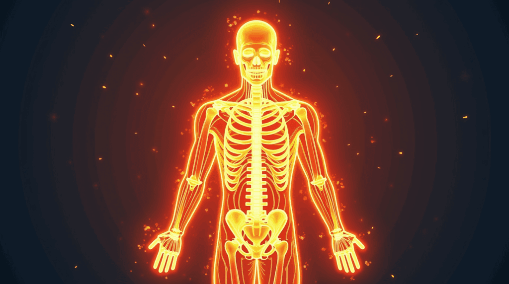 Illustration of a glowing human body with highlighted metabolism effect.