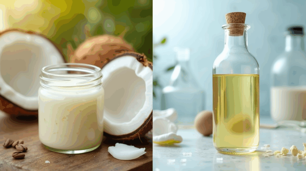 Split-screen showing coconut oil in a jar with coconuts vs. a clear bottle of MCT oil, Coconut Oil in Coffee for Weight Loss