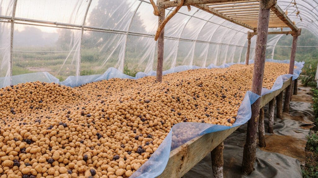 The Microbiology of Coffee Fermentation: How Microbes Create Flavor and Aroma Coffee beans drying on raised beds in a misty greenhouse.