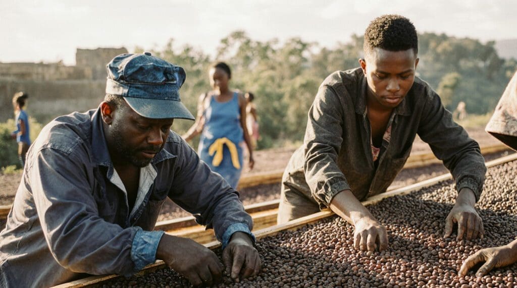 The Microbiology of Coffee Fermentation: How Microbes Create Flavor and Aroma Farmers hand-sort coffee during drying on raised tables.