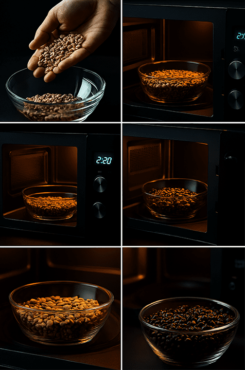 Six-Panel Image Showing Coffee Beans Being Roasted In A Microwave: Starting With Green Beans In A Glass Bowl, Progressing Through Microwave Heating, And Ending With Dark Roasted Beans