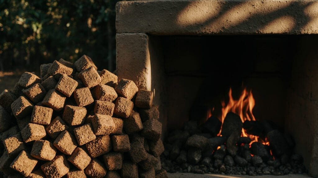 Coffee Fermentation Waste Isn’t Trash—It’s the Future and more Stack of coffee husk briquettes next to a wood-fired stove.