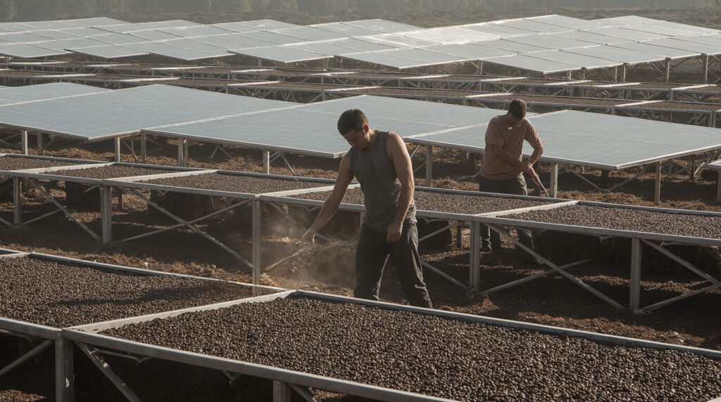 Solar-Powered Drying Beds With Workers Spreading Coffee Beans.