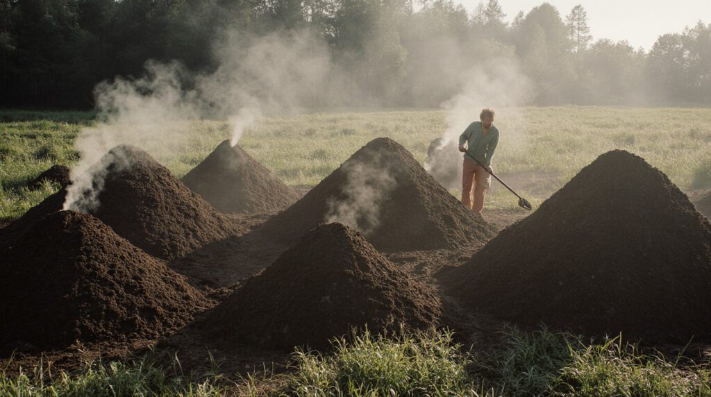 Smoking Piles Of Compost Made From Decomposing Coffee Pulp.