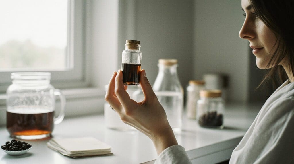 Coffee Fermentation Waste Isn’t Trash—It’s the Future and more Lab worker holding a vial of concentrated coffee extract.