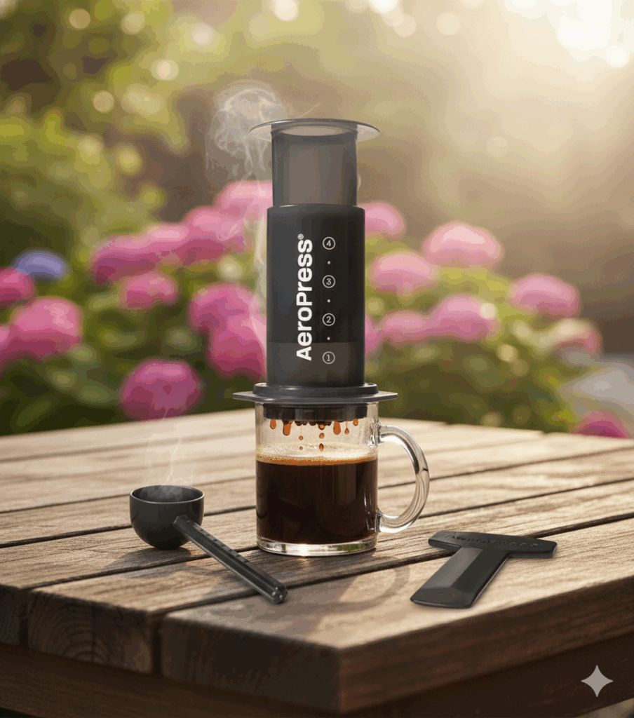 AeroPress coffee maker placed on a glass mug with hot coffee, steam rising, on a wooden outdoor table with garden flowers in the background