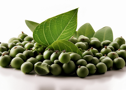 Green pea berries and leaves are arranged naturally on a white surface.