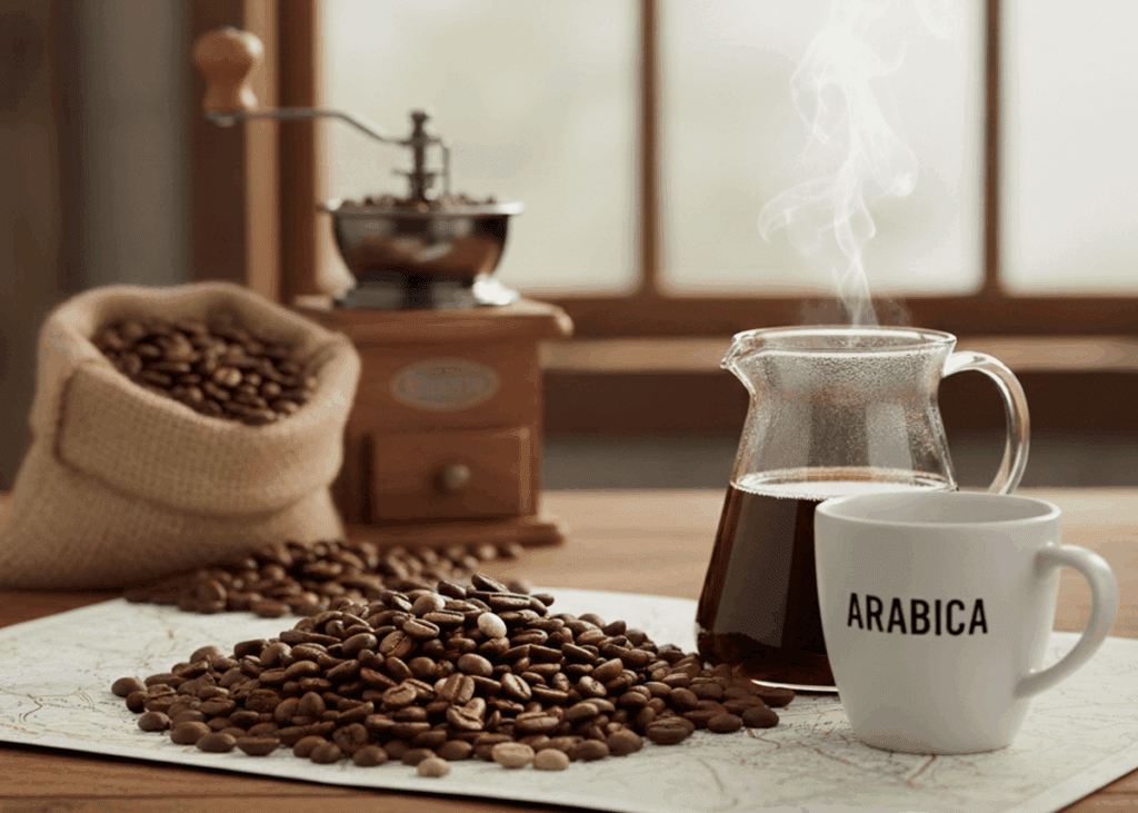 A white coffee mug labeled "ARABICA" sits beside a steaming carafe of coffee and a pile of roasted and green coffee beans. 