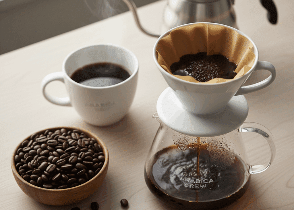 Overhead shot of a white coffee dripper with a filter paper, dripping freshly brewed coffee into a glass carafe.