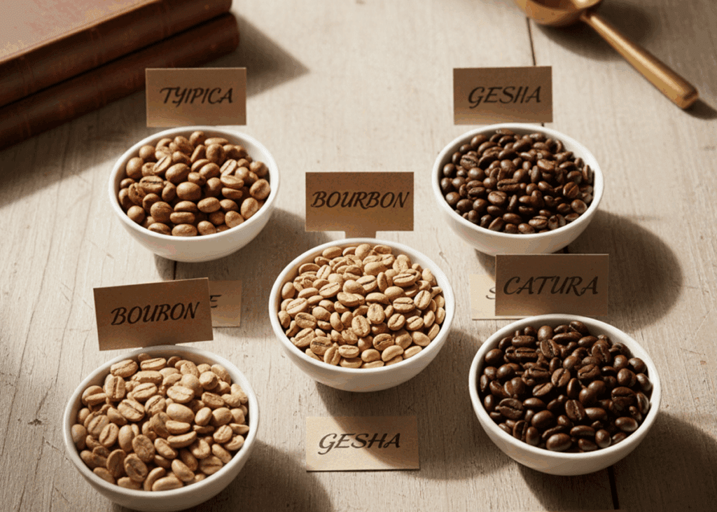 An overhead shot of nine small white bowls filled with different varieties of Arabica coffee beans, some green and some roasted brown.