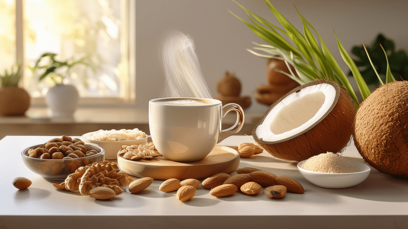 A steaming cup of coffee sits among natural ingredients—coconut, nuts, sugar, and shredded coconut—on a white surface, with soft light and potted plants in the background.