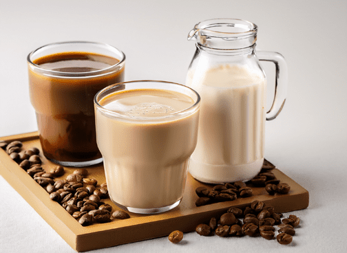 Coffee, cream, and milk on display