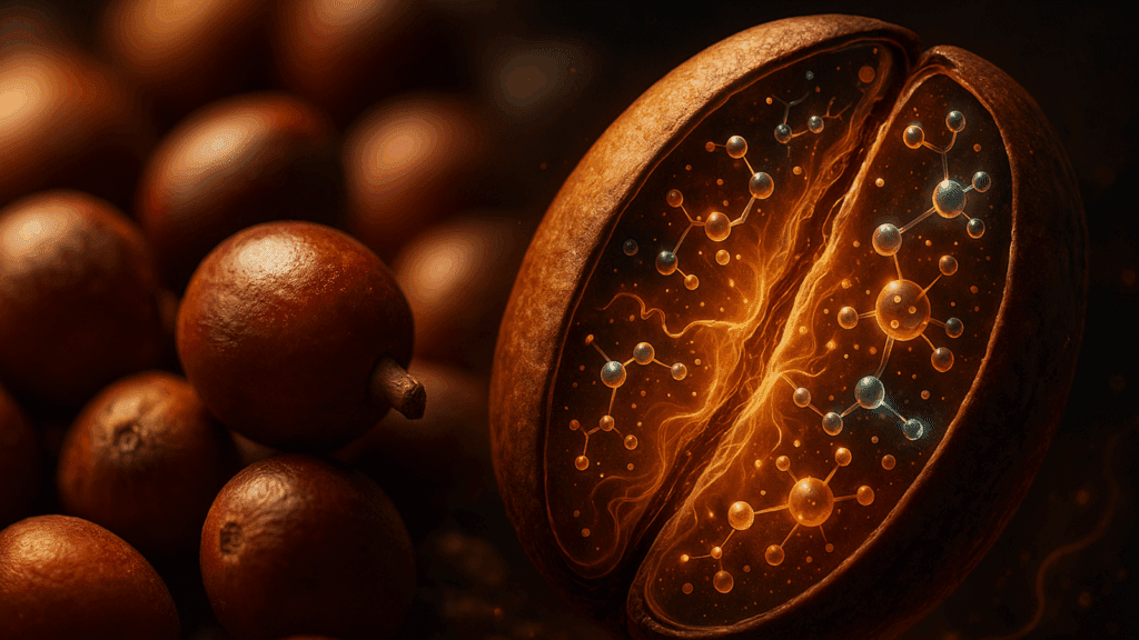 Coffee beans with molecular structure visualization.