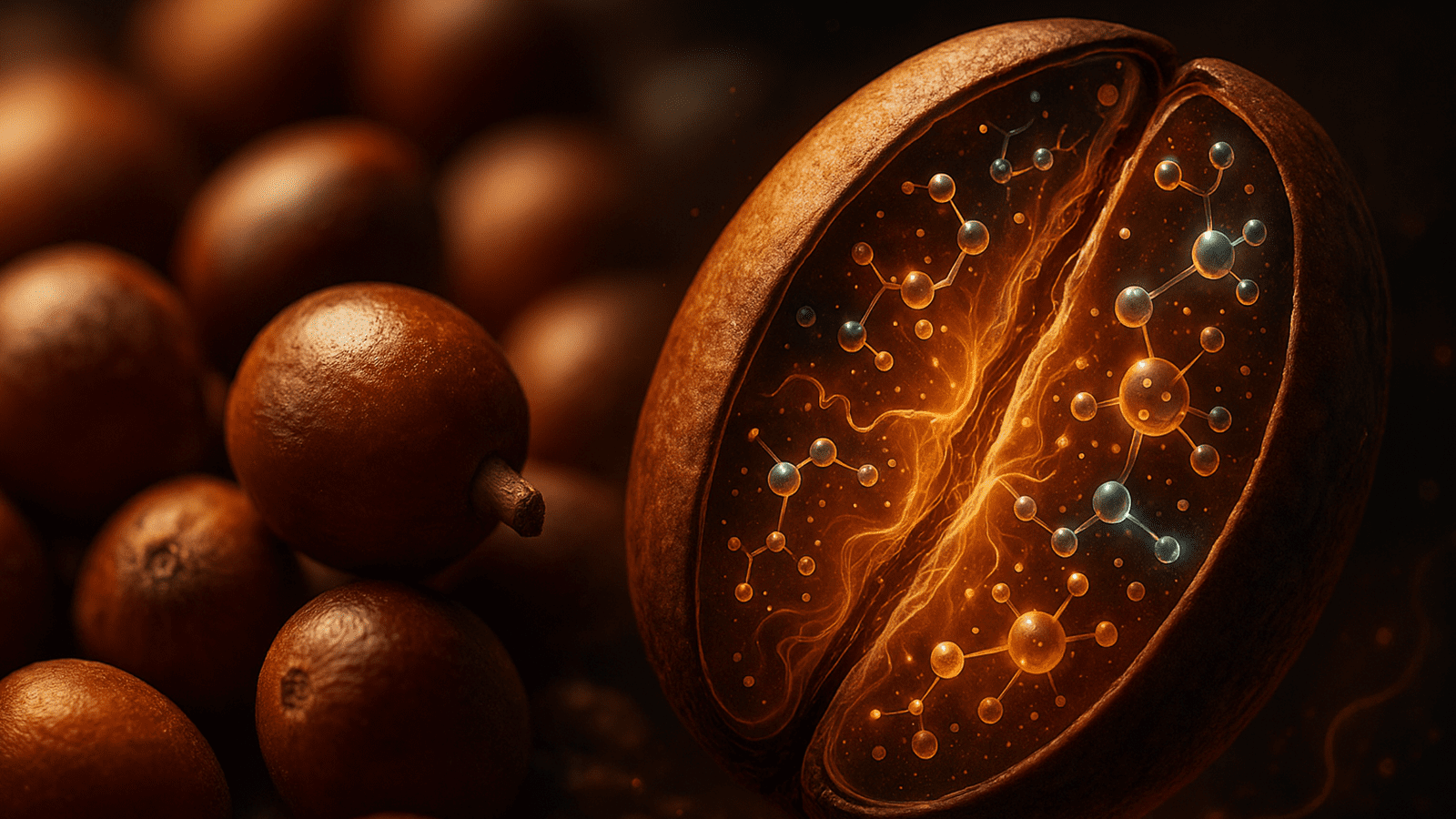 Coffee beans with molecular structure visualization.