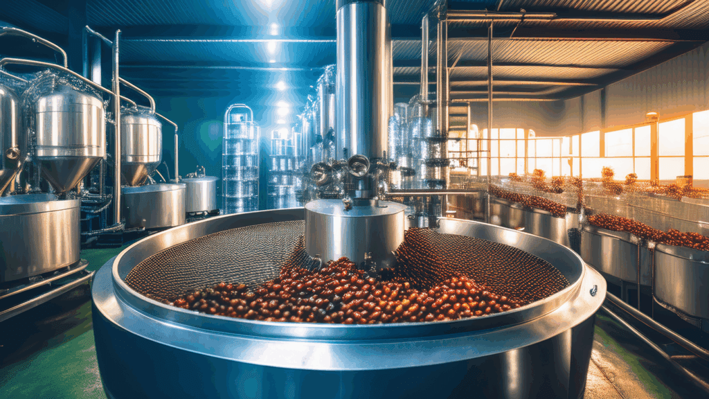 Interior of a modern coffee processing facility featuring a large stainless steel vat filled with red coffee cherries, surrounded by interconnected fermentation tanks, pipes, and valves.