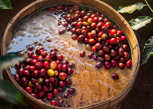 Advanced Coffee Fermentation Techniques Most Roasters Still Don't Know About Wooden fermentation tank filled with red coffee cherries submerged in foamy water, surrounded by lush green coffee leaves, illustrating a natural fermentation process on a coffee farm.
Caption: Traditional coffee fermentation in action—ripe cherries soak in water as microbes begin transforming flavor.