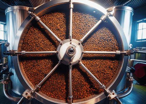 Advanced Coffee Fermentation Techniques Most Roasters Still Don't Know About Cutting-Edge Coffee Fermentation—Industrial coffee roasting machine filled with freshly roasted coffee beans, featuring rotating metal arms inside a cylindrical drum.