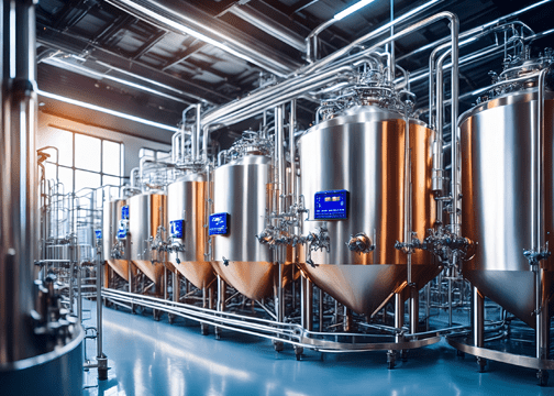 Advanced Coffee Fermentation Techniques Most Roasters Still Don't Know About Row of large stainless steel fermentation tanks with conical bottoms, each equipped with digital control panels and surrounded by a network of pipes and valves.