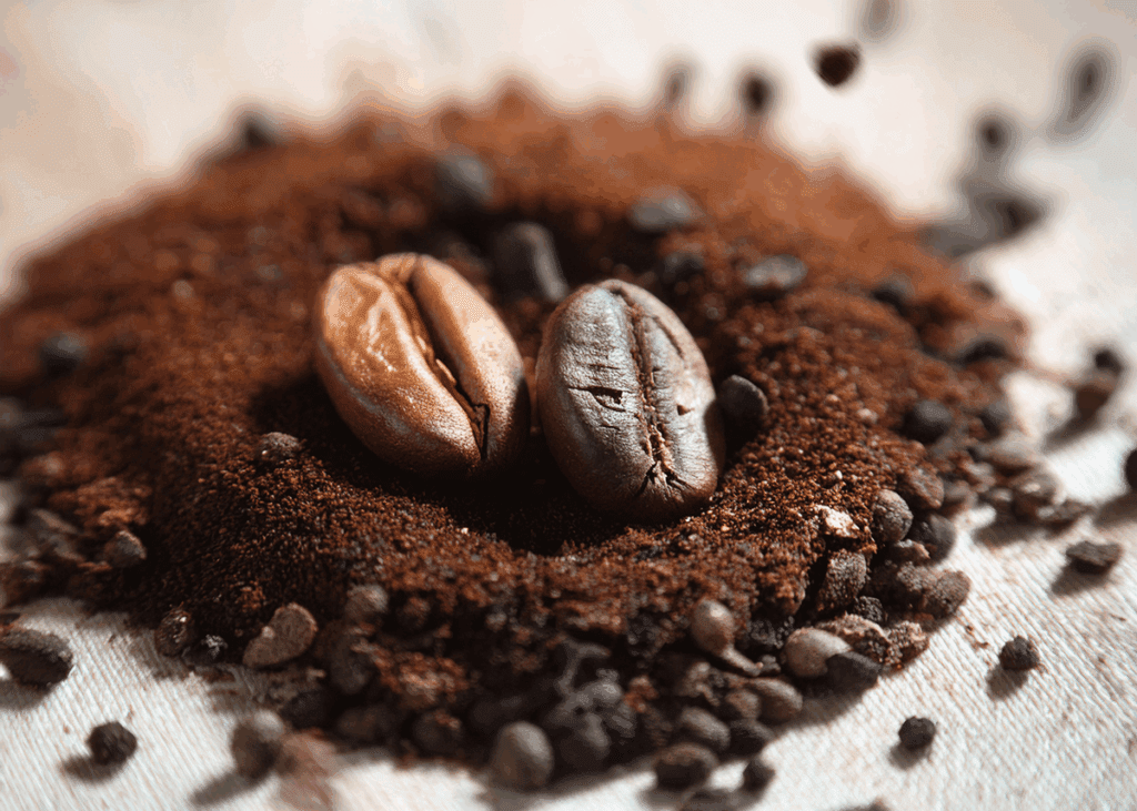 Coffee beans on ground coffee pile.