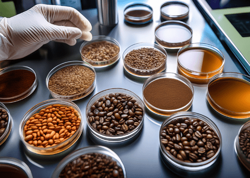 Advanced Coffee Fermentation Techniques Most Roasters Still Don't Know About Laboratory setting with petri dishes containing coffee beans, grounds, liquids, and other samples arranged on a reflective surface.