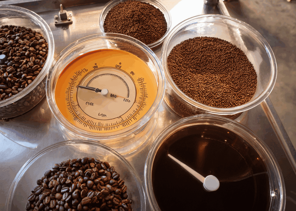 Coffee beans and fermentation samples displayed.