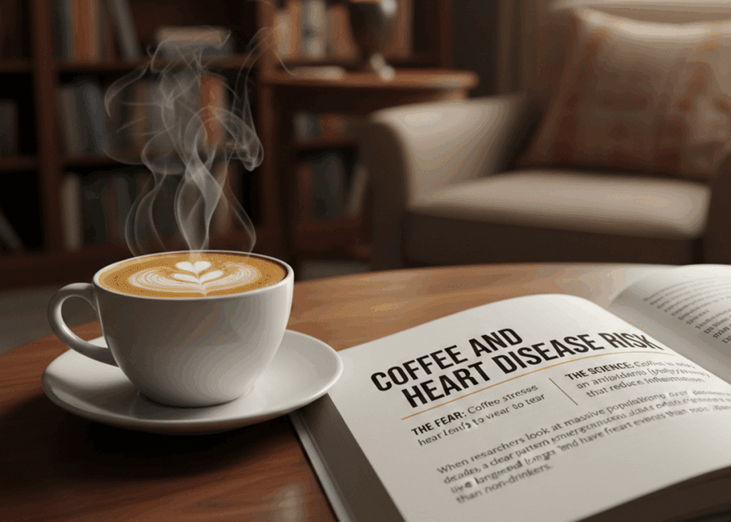 A steaming cup of coffee sits beside an open book titled "COFFEE AND HEART DISEASE RISK" on a wooden table in a cozy reading nook with an armchair and bookshelf in the background.