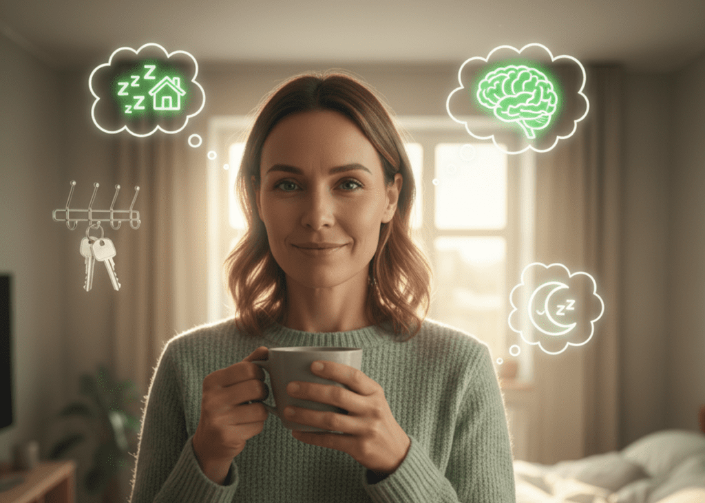 Woman in a light green sweater holding a cup and smiling calmly, surrounded by icons symbolizing rest, mental clarity, sleep, and home security.