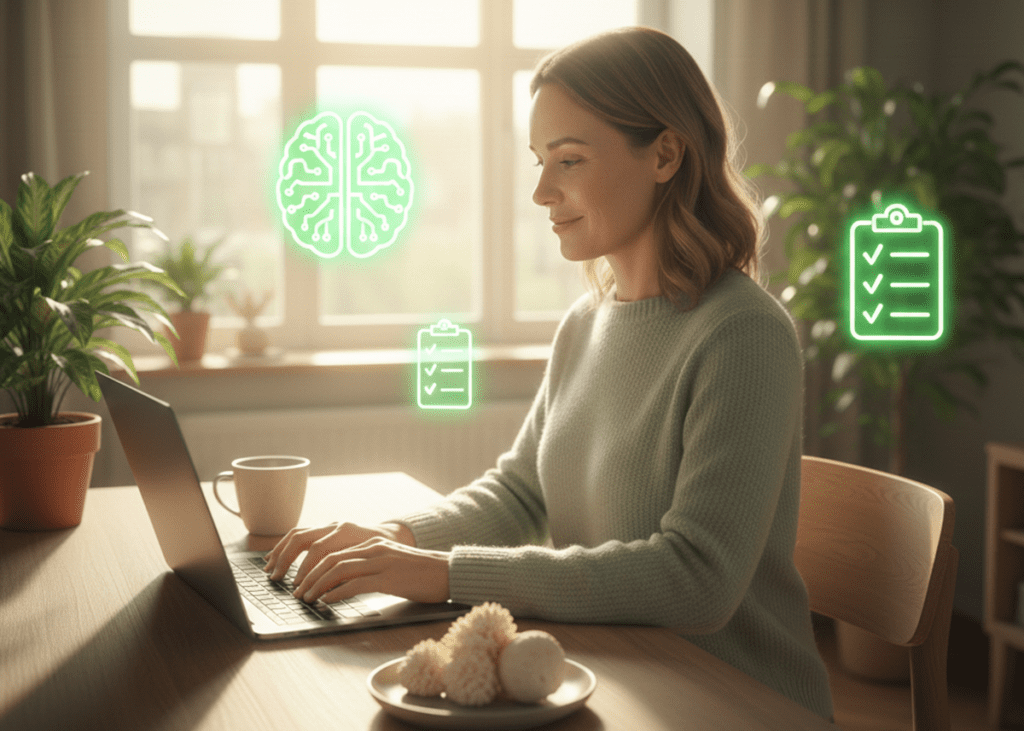 Person in a light green sweater working at a laptop, surrounded by glowing icons of a brain and checklists, symbolizing cognitive clarity and task completion in a calm, plant-filled workspace