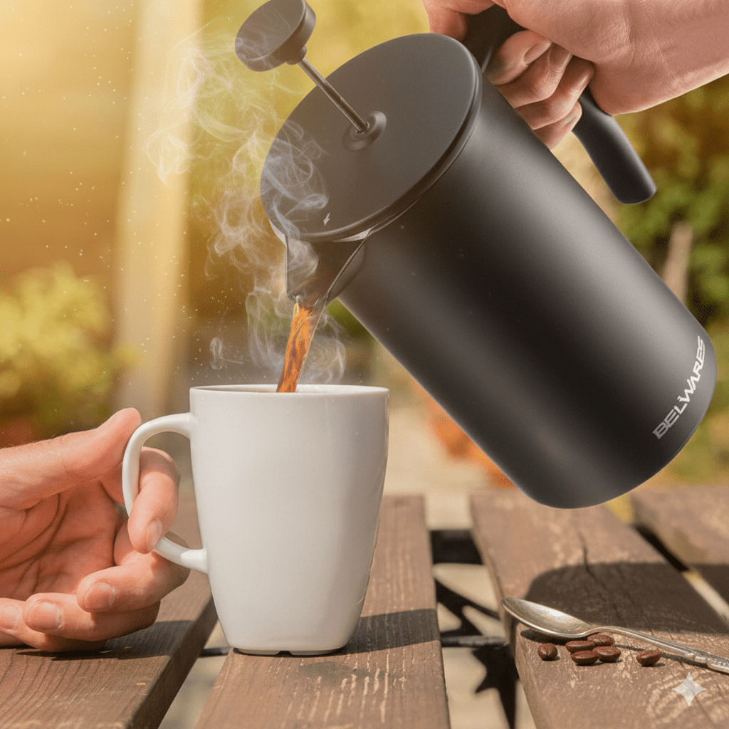 Coffee poured from a black French press into a white mug on a wooden table outdoors.