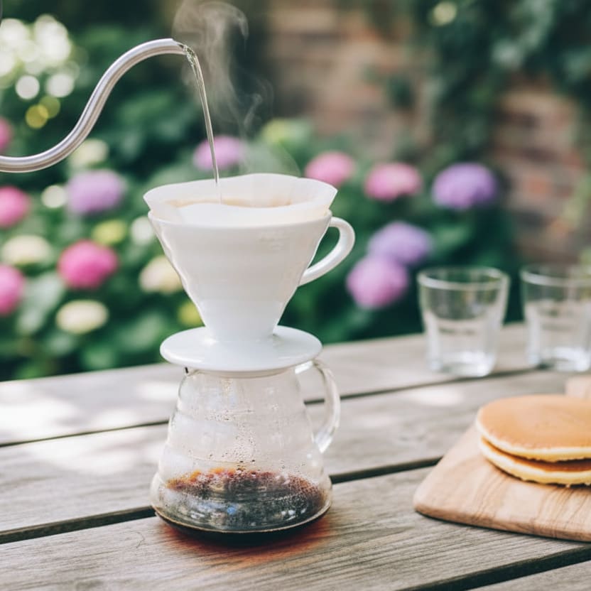 hot kettle pouring water into a coffee filter pour over Hario V60