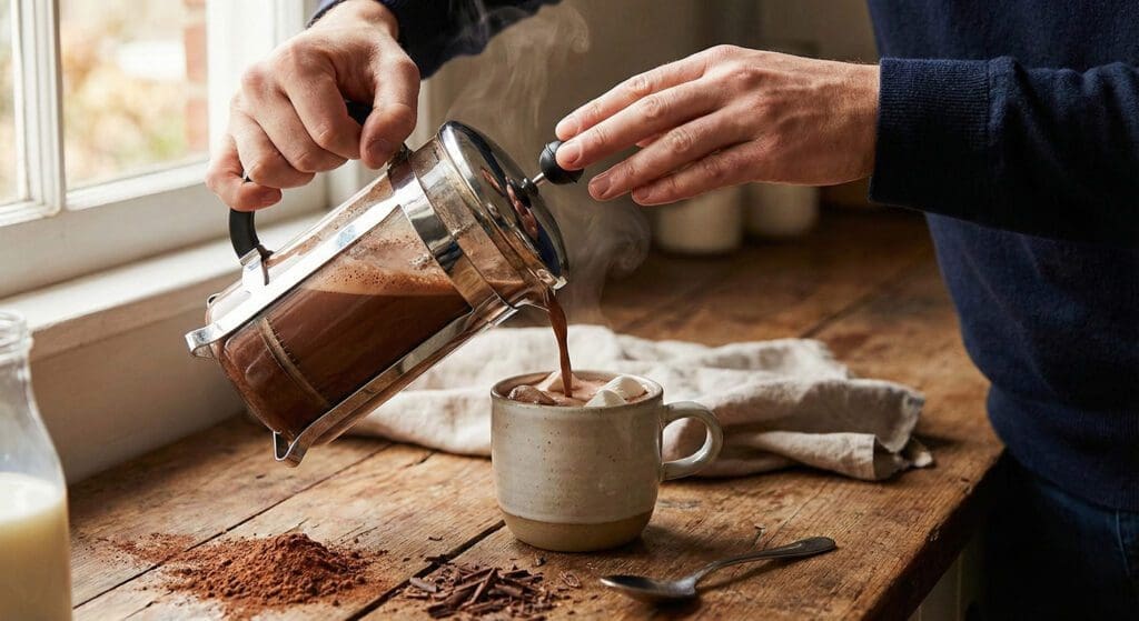 Yes, You Can Make Insanely Good Hot Chocolate in Your Coffee Maker French press hot chocolate being poured into a mug on a rustic wooden counter, with steam rising, cocoa powder scattered nearby, and marshmallows floating on top.