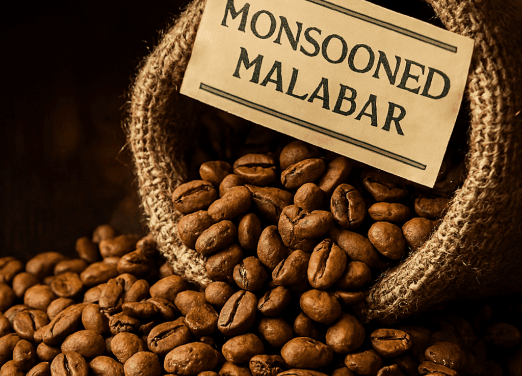 Burlap sack spilling medium to dark roasted Monsooned Malabar coffee beans, with a label reading “MONSOONED MALABAR."