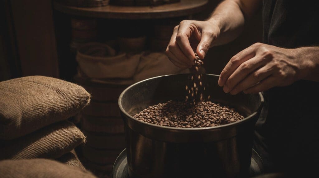 Hands sorting coffee beans in bowl