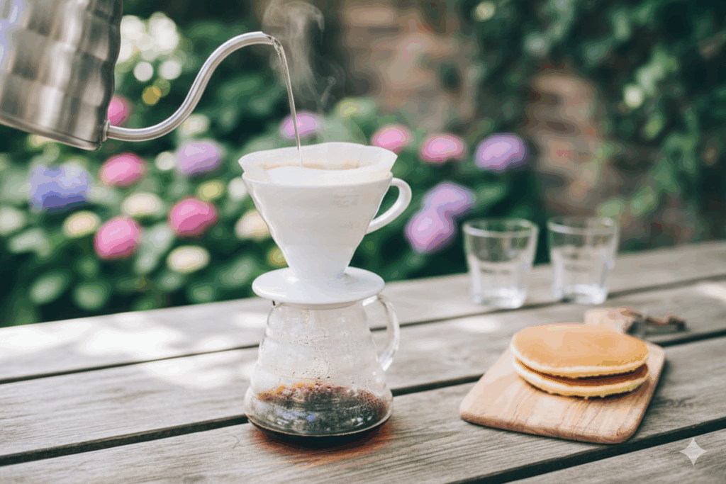 Person brewing pour-over coffee outdoors with a gooseneck kettle, pancakes, and cups on a wooden table.