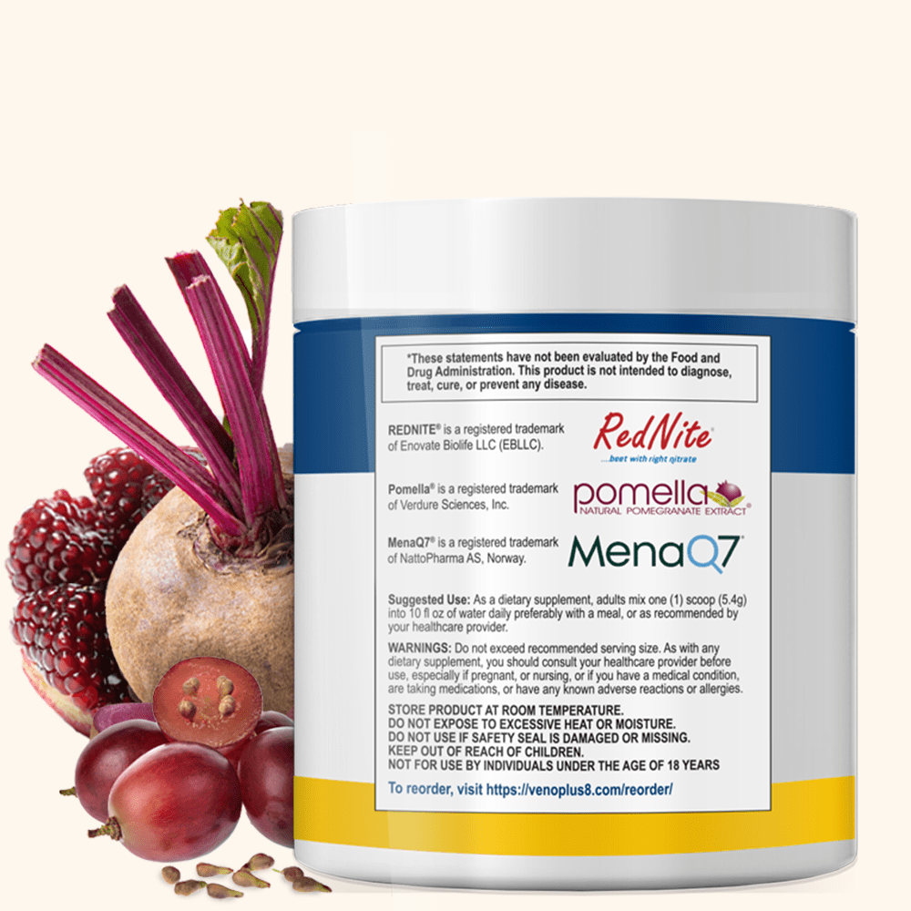 Supplement container of VENOPLUS 8&trade; with label and health warnings, surrounded by beets, grapes, and pomegranate on a white background.