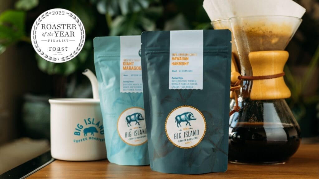 Coffee bags with brewing equipment displayed.