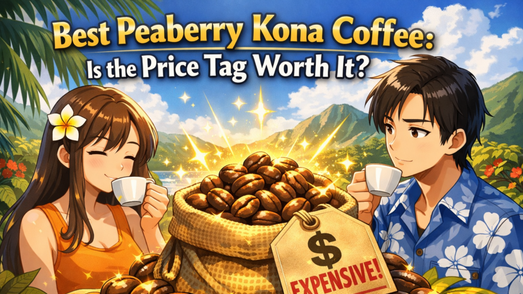Anime-Style Illustration Of A Man And Woman Enjoying A Cup Of Peaberry Kona Coffee With A Bag Of Beans Labeled &Quot;Expensive&Quot; And Golden Sparkles, Alongside The Headline &Quot;Best Peaberry Kona Coffee: Is The Price Tag Worth It?&Quot;