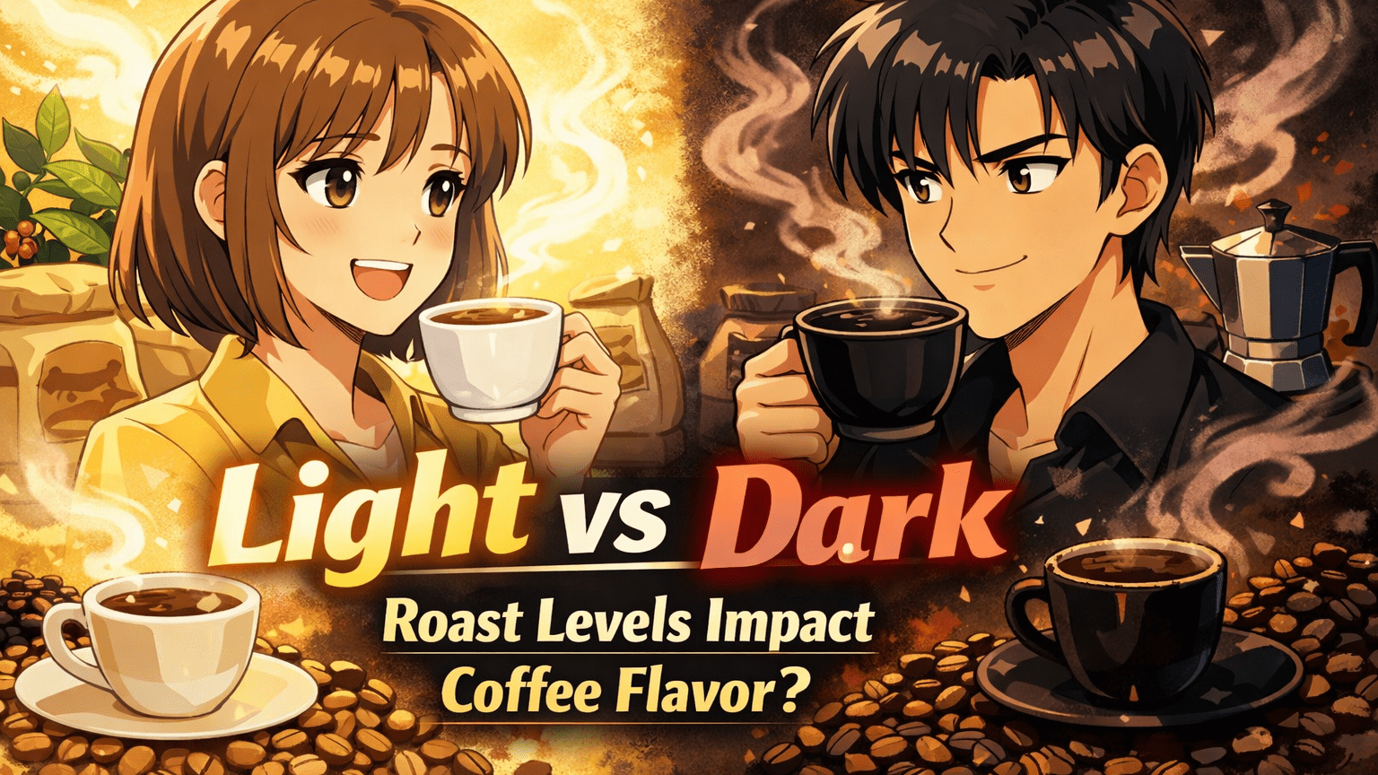 Anime-style illustration of a woman with light hair and a man with dark hair comparing light and dark roasted coffee with the headline 'Light vs Dark Roast Levels Impact Coffee Flavor?' and bright versus dark backgrounds.