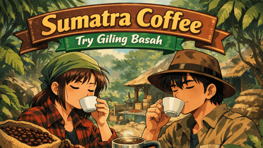 Anime-Style Illustration Of A Man And Woman Enjoying Sumatra Coffee With A Jungle Backdrop And A 'Giling Basah' Banner, Swirling Aroma Rising Above The Cups And Headline Text 'Sumatra Coffee: Try Giling Basah'.