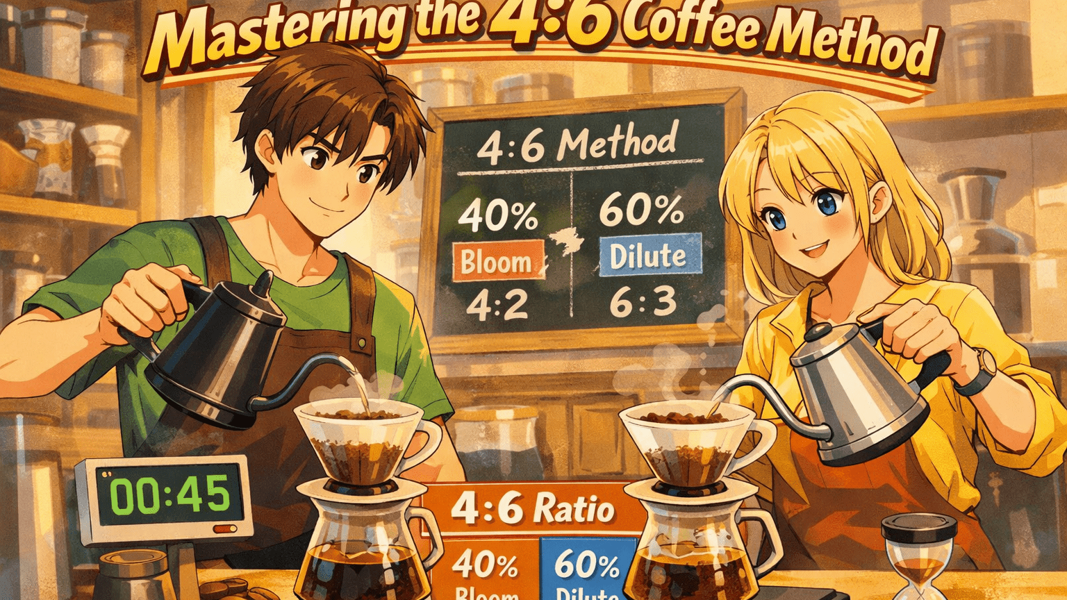 Anime-Style Illustration Of A Man And Woman Brewing Coffee Using The 4:6 Method With A V60 Pour-Over, With A Blackboard Showing The 4:6 Ratio And Headline Text 'Mastering The 4:6 Coffee Method'.
