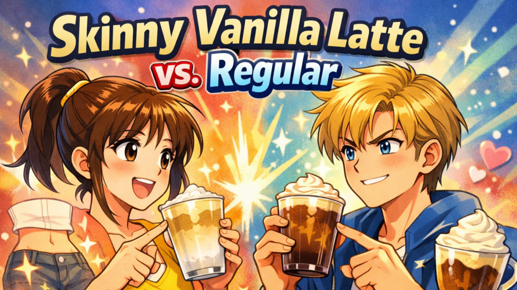 Two anime characters comparing skinny vanilla latte vs regular latte with headline text 'Skinny Vanilla Latte vs Regular' in 90s anime style