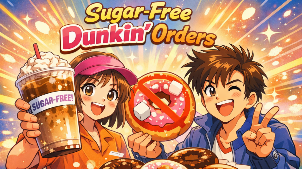 Anime-Style Illustration Showing Two Characters Enjoying Sugar-Free Dunkin' Drinks And Donuts With The Text 'Sugar-Free Dunkin' Orders'.