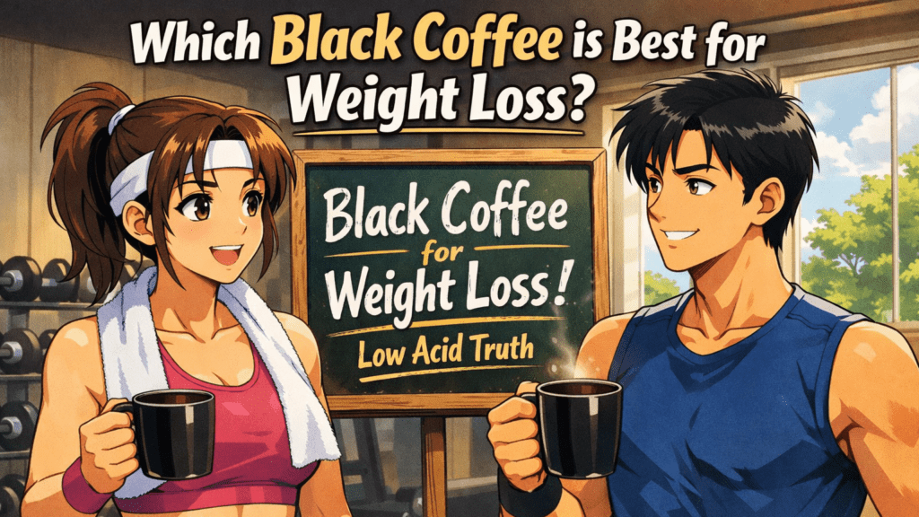 Anime-Style Illustration Of A Sporty Man And Woman Enjoying Black Coffee For Weight Loss In A Gym Setting, With A Chalkboard Sign Reading 'Black Coffee For Weight Loss: Low Acid Truth' And Headline Text 'Which Black Coffee Is Best For Weight Loss? (Low Acid Truth)'.
