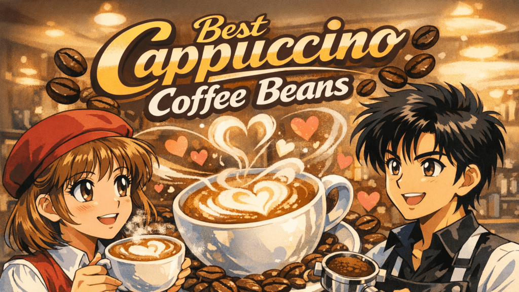 Anime-style illustration of a male and female barista enjoying cappuccinos with swirling milk foam and headline text 'Best Cappuccino Coffee Beans: Cutting Through the Milk'.