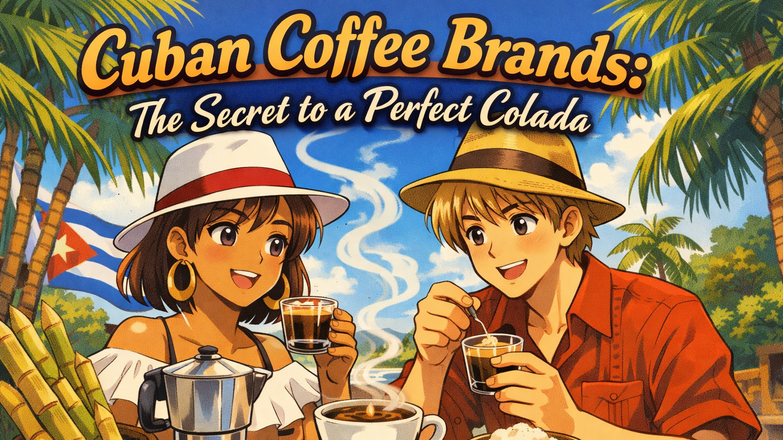 Anime-style illustration of a man and woman enjoying Cuban colada coffee with sugar cane and steam swirling, under palm trees with a Cuban flag, and headline text 'Cuban Coffee Brands: The Secret to a Perfect Colada'.