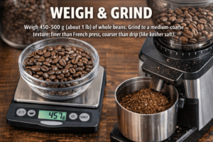 Coffee beans being weighed and ground.