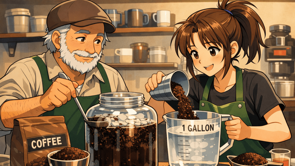 Coarse coffee grounds and cold water in a gallon jar for cold brew concentrate